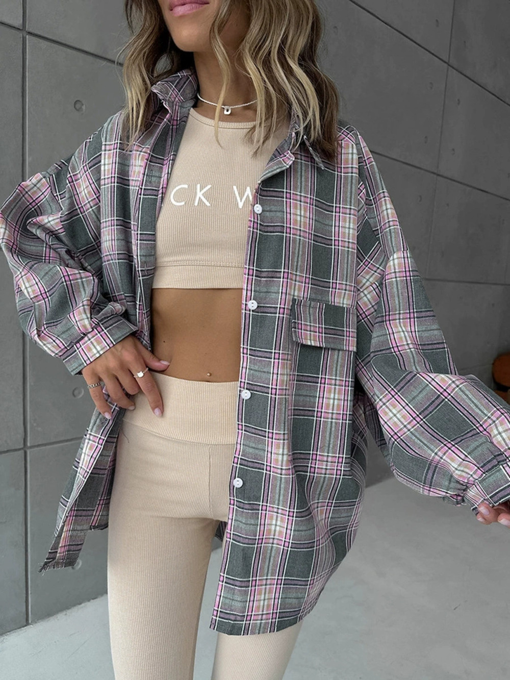 Forever 21 Spring Oversized Contrast Plaid Cotton Long Sleeve Cardigan Blouse
